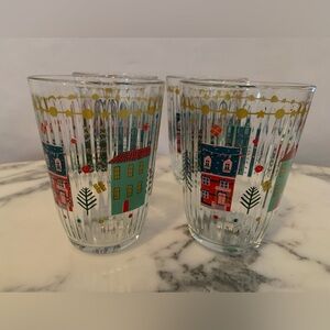 Rakle Holiday Village Christmas Tumblers Set Of 4 Ribbed Glass